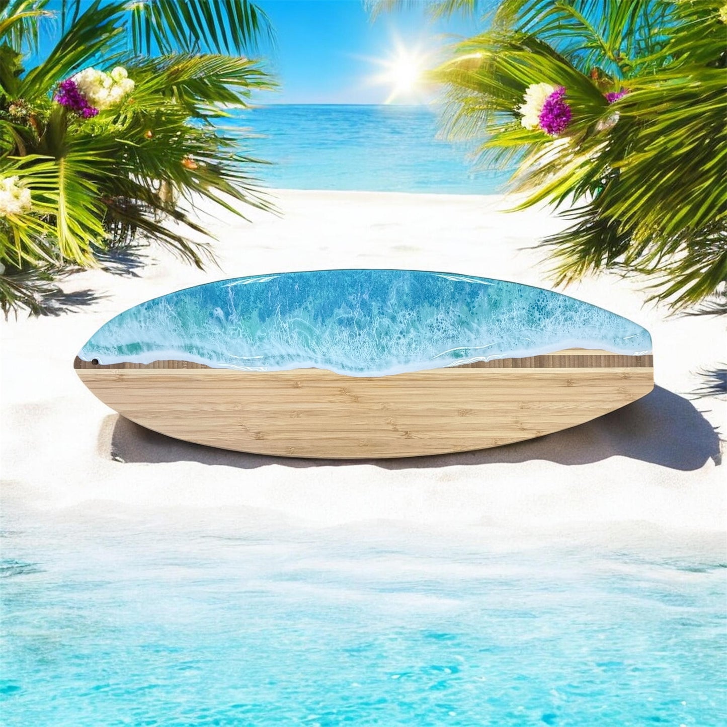 Surfboard Bamboo Cutting Board with Ocean Resin Design (Wholesale)