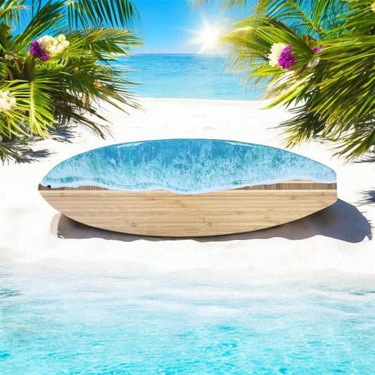 Surfboard Bamboo Cutting Board with Ocean Resin Design (Wholesale)
