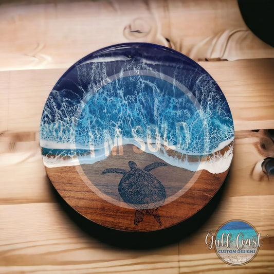 Acacia Cake Trivet with Epoxy Waves & Turtle Engraving