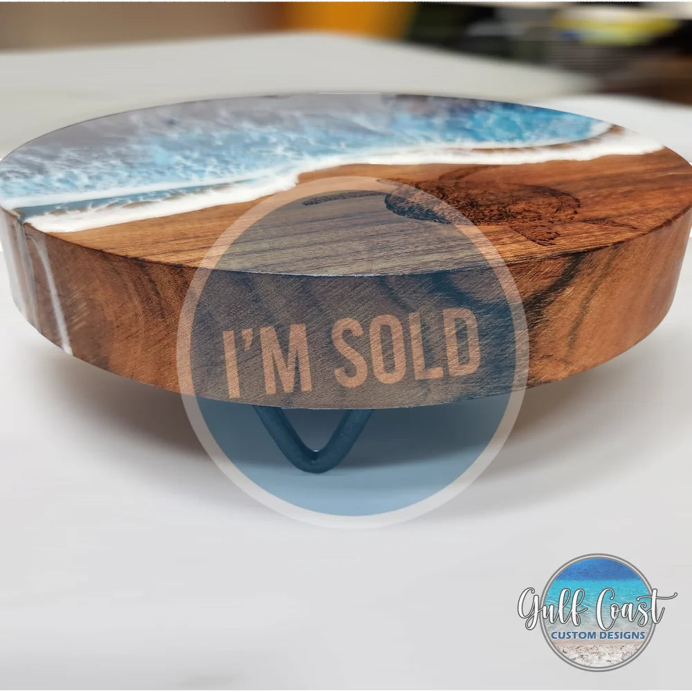 Acacia Cake Trivet with Epoxy Waves & Turtle Engraving