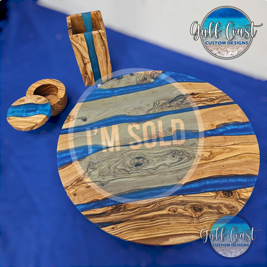 Blue River Olivewood Kitchen Set - Lazy Susan Utensil Holder & Salt Cellar Set