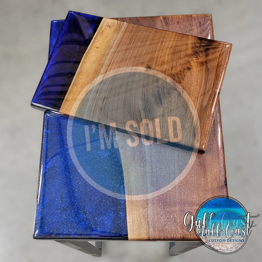 C-Table Set - Blue Epoxy & Walnut C-Table w/ Side Serving Tray sofa table