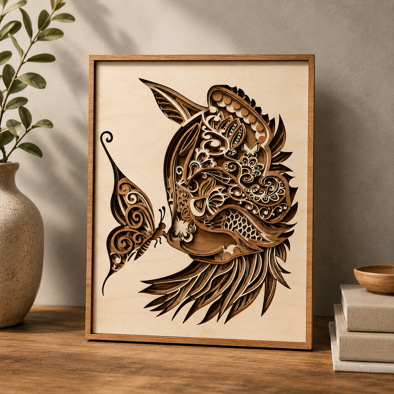 "Whiskers & Wings" – Multi-Layer Wood Cat & Butterfly Wall Art