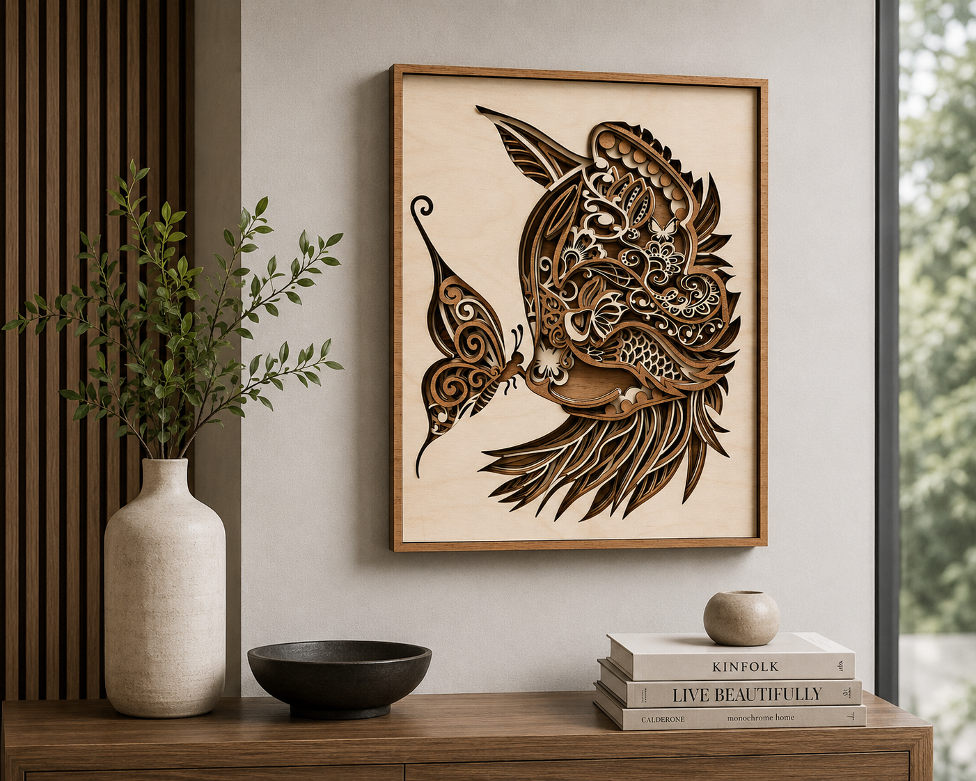 "Whiskers & Wings" – Multi-Layer Wood Cat & Butterfly Wall Art