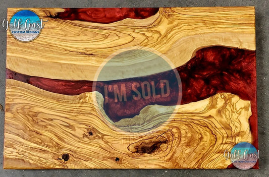 Custom Olivewood Epoxy Infusions Charcuterie Cutting Board - ’Shensei Red Wave’ decorative trays