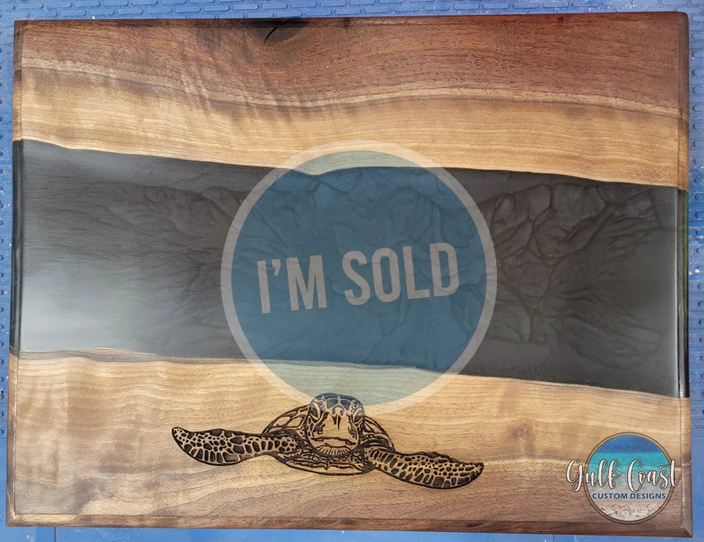Flame Walnut Charcuterie Board + Black Diamond River Epoxy with Engraved Sea Turtle Serving Trays