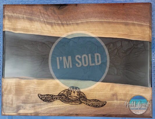 Flame Walnut Charcuterie Board + Black Diamond River Epoxy with Engraved Sea Turtle Serving Trays