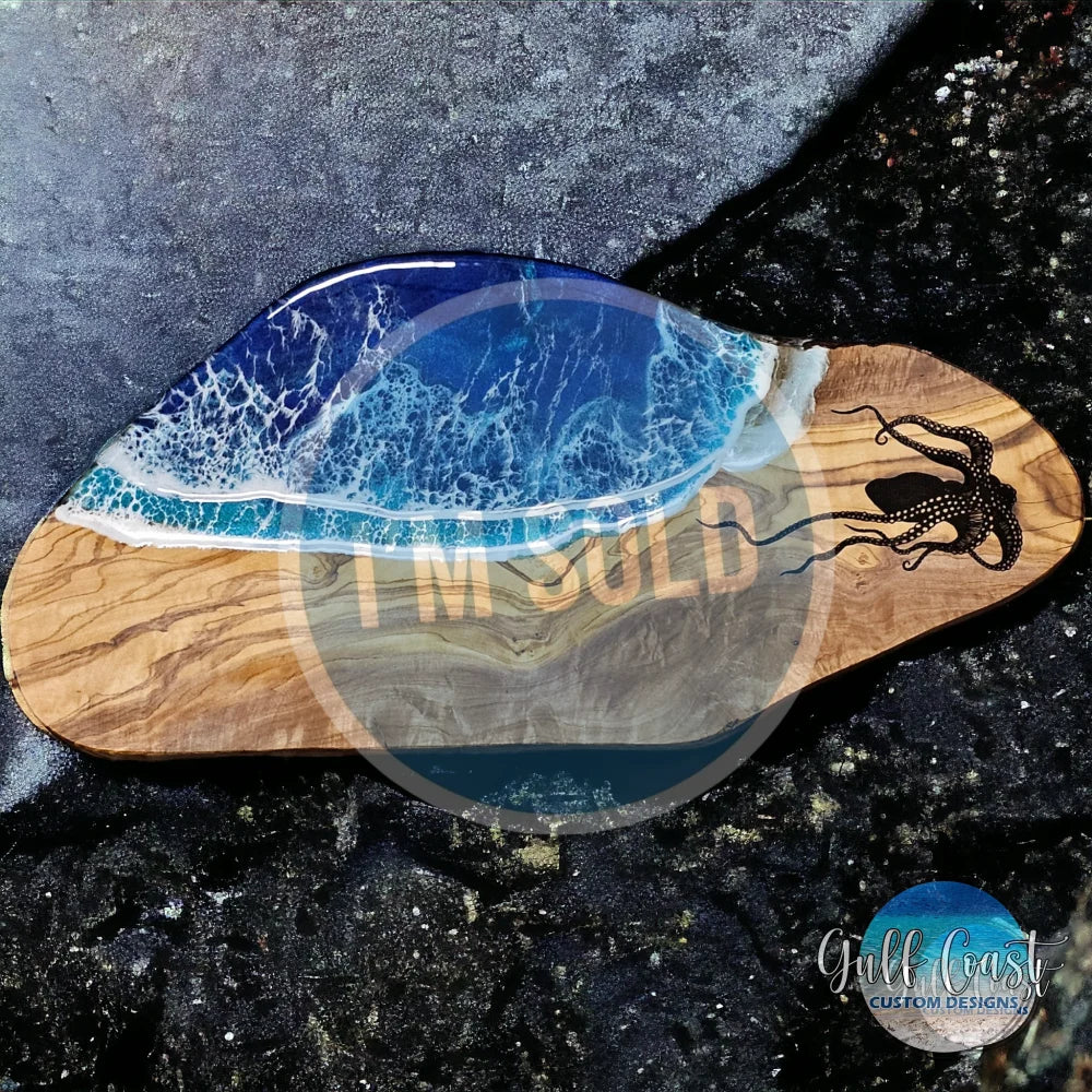 Octopus on Olivewood with Ocean Resin Design Charcuterie Serving Platter Serving Platters