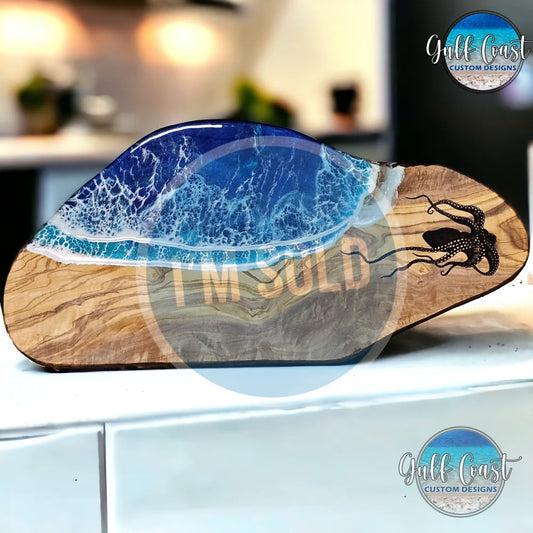 Octopus on Olivewood with Ocean Resin Design Charcuterie Serving Platter Serving Platters