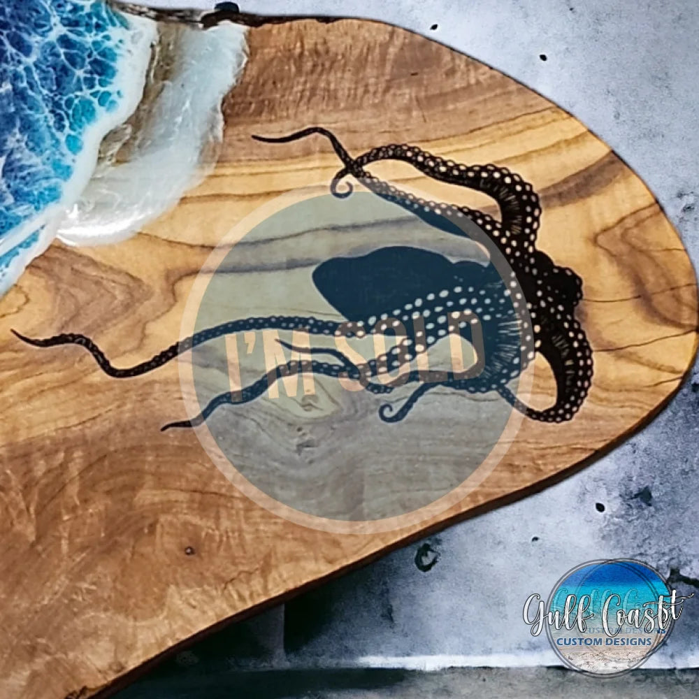 Octopus on Olivewood with Ocean Resin Design Charcuterie Serving Platter Serving Platters