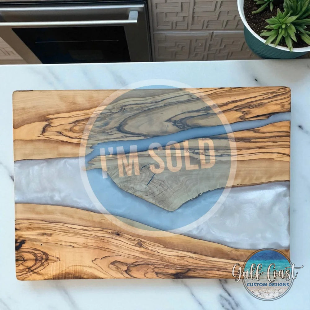 Olive Wood & White Pearl Resin Charcuterie Board – Handmade Functional Art charcuterie