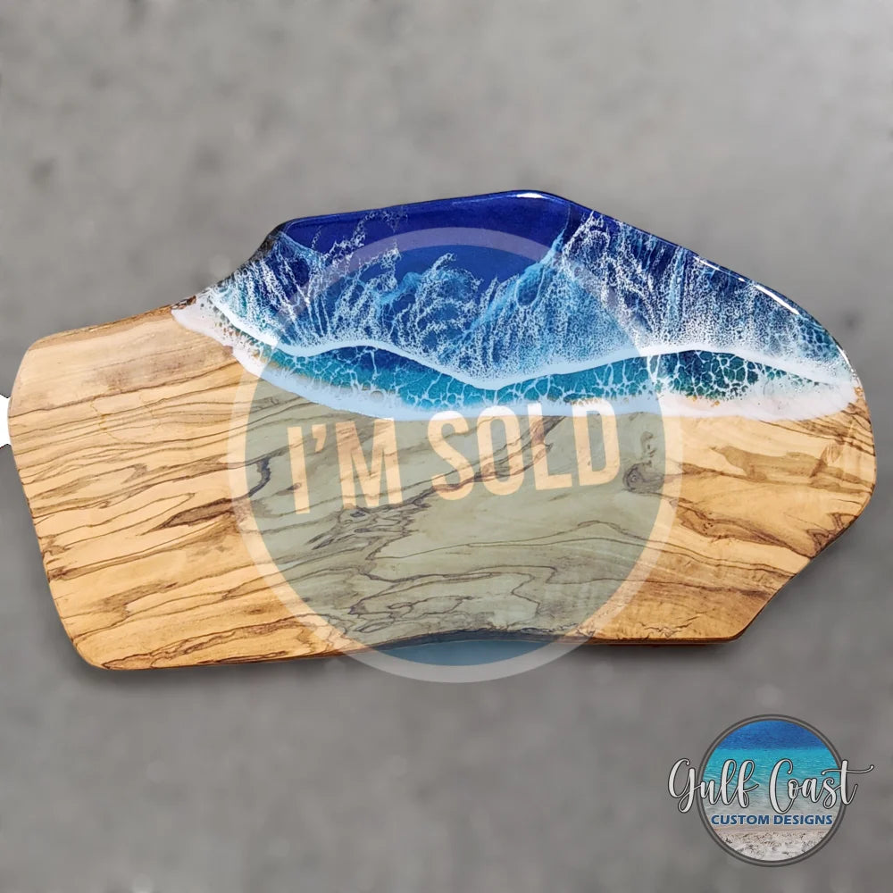 Olivewood ’Blue Emerald Coast’ Charcuterie Serving Board + Ocean Wave Design 19’’ x 10’’ serving