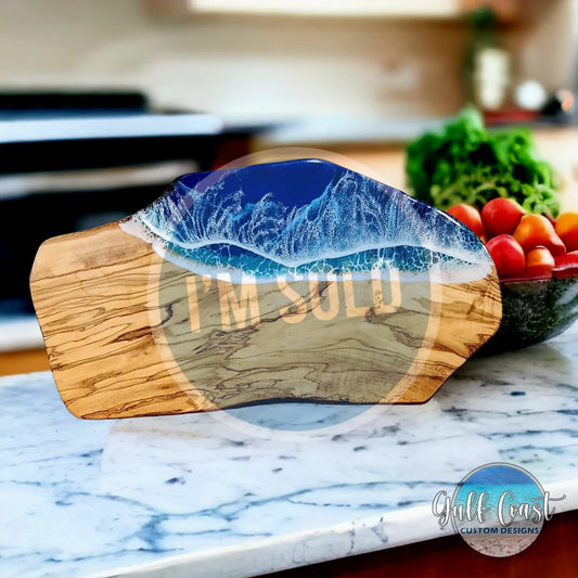 Olivewood ’Blue Emerald Coast’ Charcuterie Serving Board + Ocean Wave Design 19’’ x 10’’ serving