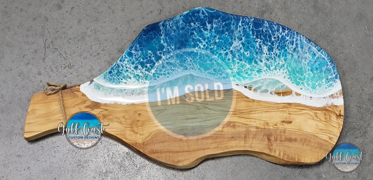 Olivewood Board with Caribbean Ocean Epoxy Wave Design - Functional Cutting Board decorative trays