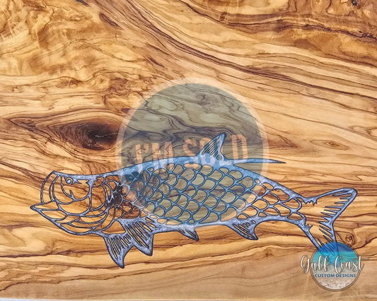 Olivewood Cutting Board + Juice Groove Serving Tray with TARPON resin inlay cutting board