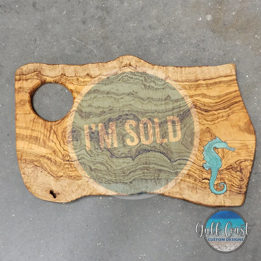 Olivewood Cutting Board + Seahorse Decor Epoxy Art Inlay - Wall Art - Kitchen Art- Fishing Decor cutting boards