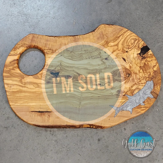 Olivewood Cutting Board + Tarpon Decor Epoxy Art Inlay - Wall Art - Kitchen Art- Fishing Decor Serving Trays