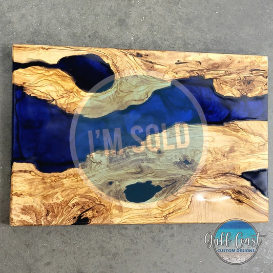 Olivewood & Epoxy Charcuterie Board - Serving Tray Board Epoxy Art ’Blue Crush’ Serving Trays