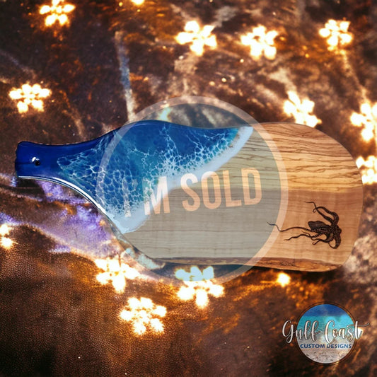 Olivewood & Resin Cheese Board with Engraved Octopus cheeseboard
