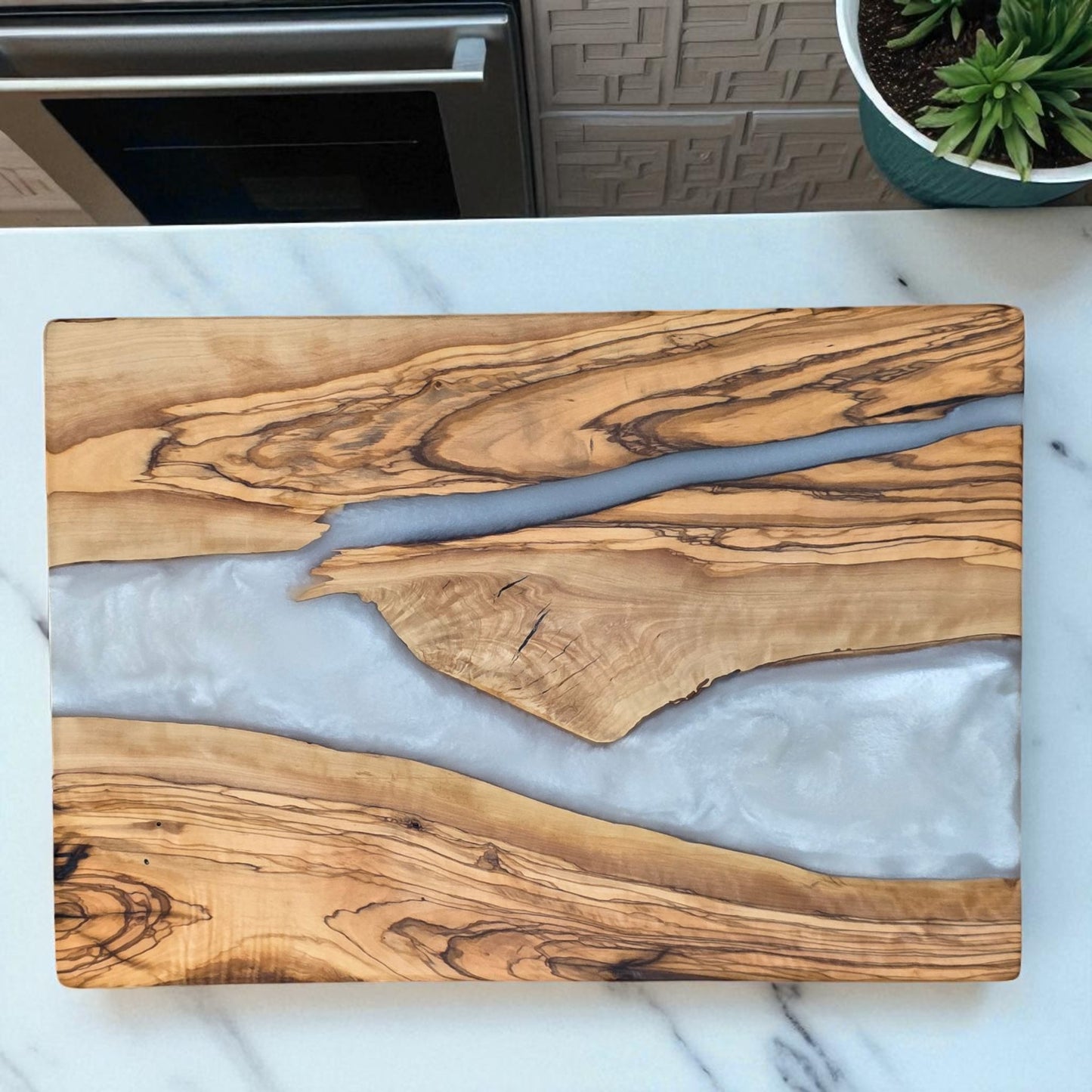 Olive Wood & White Pearl Resin Charcuterie Board – Handmade Functional Art