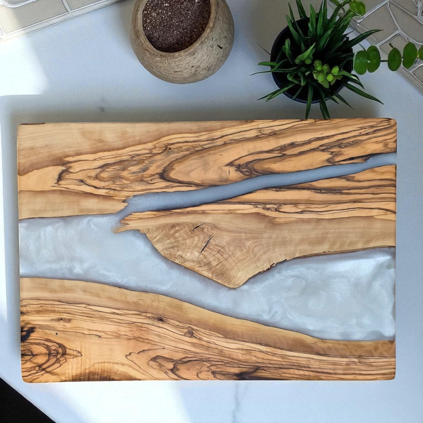 Olive Wood & White Pearl Resin Charcuterie Board – Handmade Functional Art