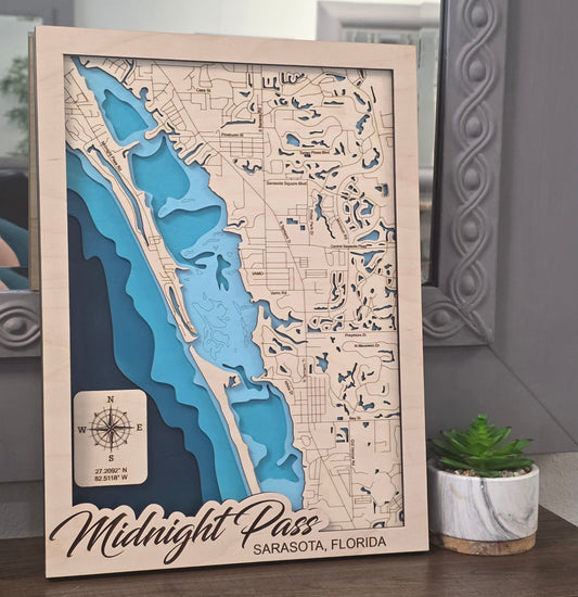 Midnight Pass Multilayer Wood Map - Discover Sarasota's Iconic Coastal Waters
