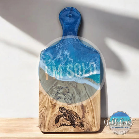 Sea Turtle Resin Art Engraved on Olivewood Cheese Cutting Board | Turtle Kitchen Art cutting boards