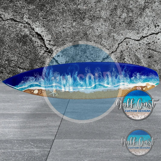 Surfboard Art Decor with Epoxy Beach Wave Design + Real Sand - 60’’ wall art