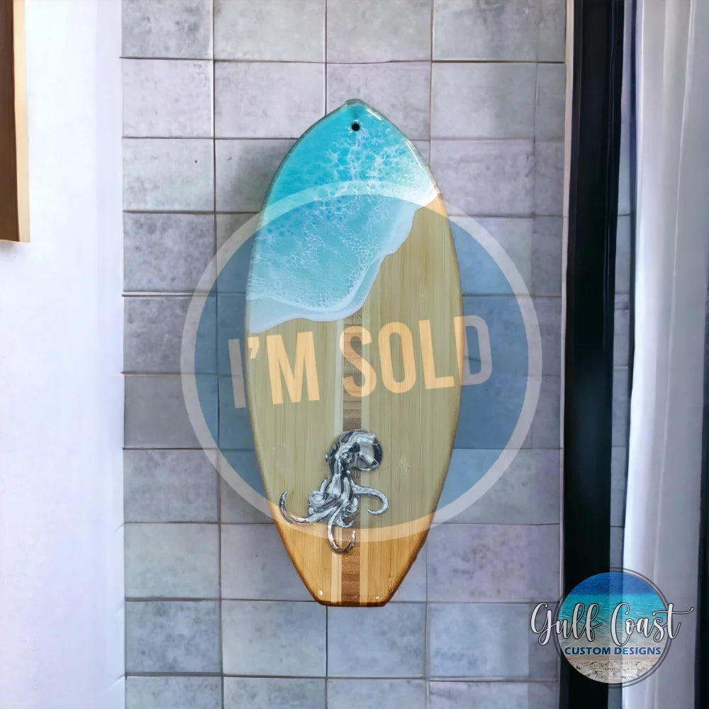 Surfboard Towel Rack or Keychain Holder with Octopus key and towel rack