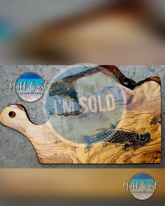 Tarpon Epoxy inlay in Olive Wood Charcuterie Kitchen Serving Board decorative trays