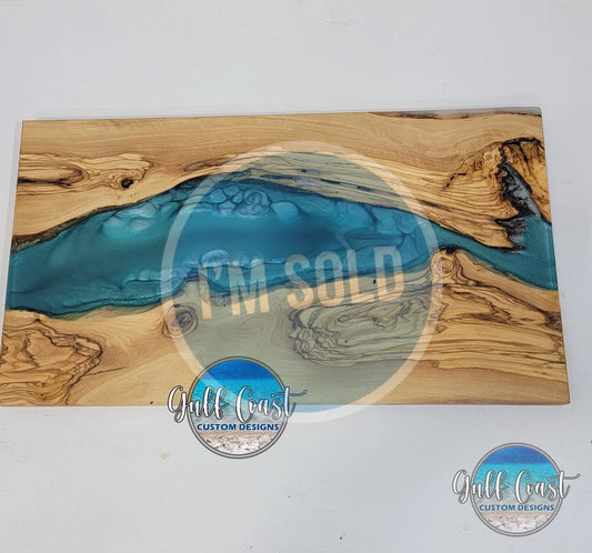 ’The Teal River’ Olivewood & Epoxy Charcuterie Serving Board Decorative Trays