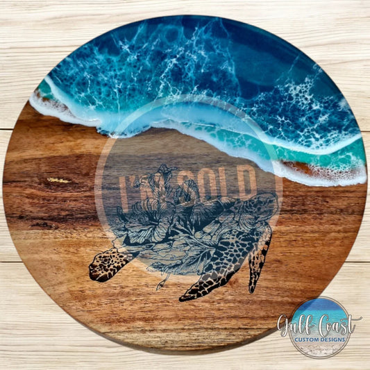 Turtle Engraved Cake Trivet with Coastal Water Resin Design - Acacia Trivet trivet