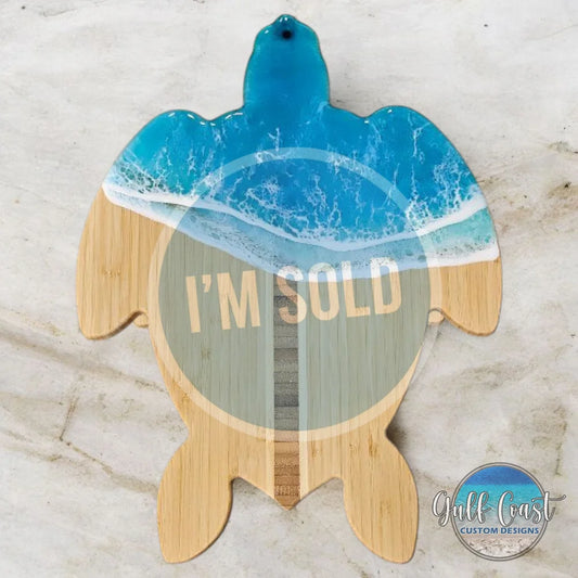 Turtle-Shaped Bamboo Cutting Board with Ocean Resin Design - Light Blue cutting boards