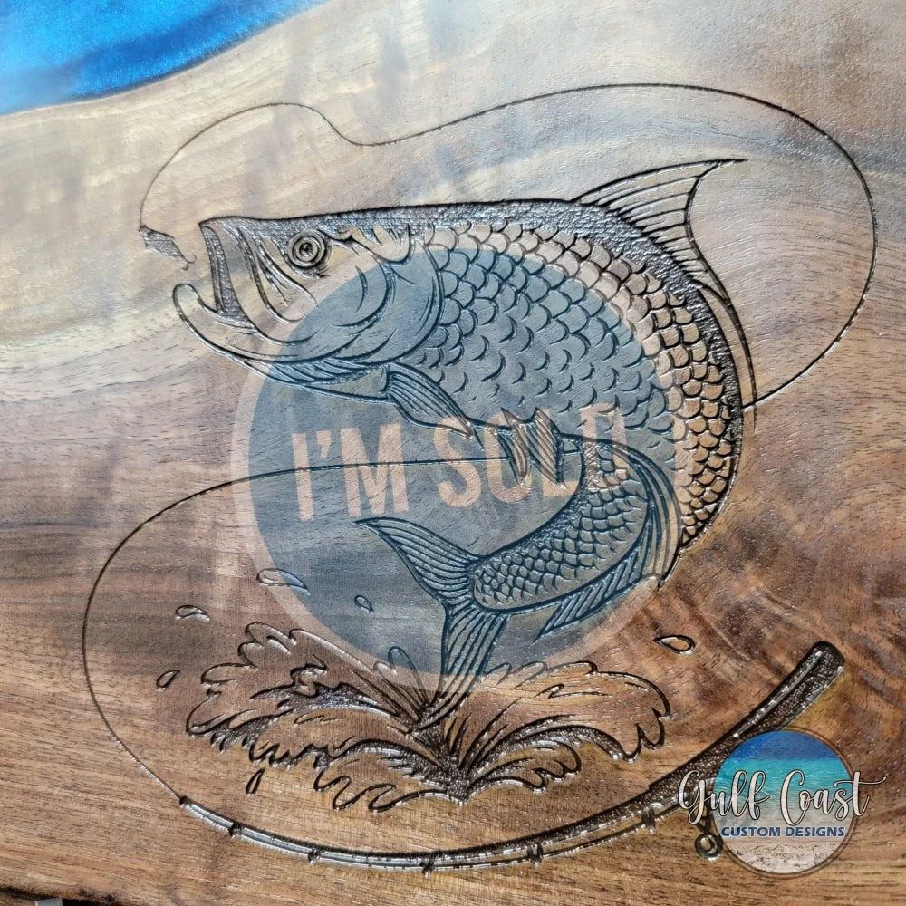 Walnut Charcuterie Board with Blue Epoxy Resin Infusion + Tarpon 12’’ x 16’’