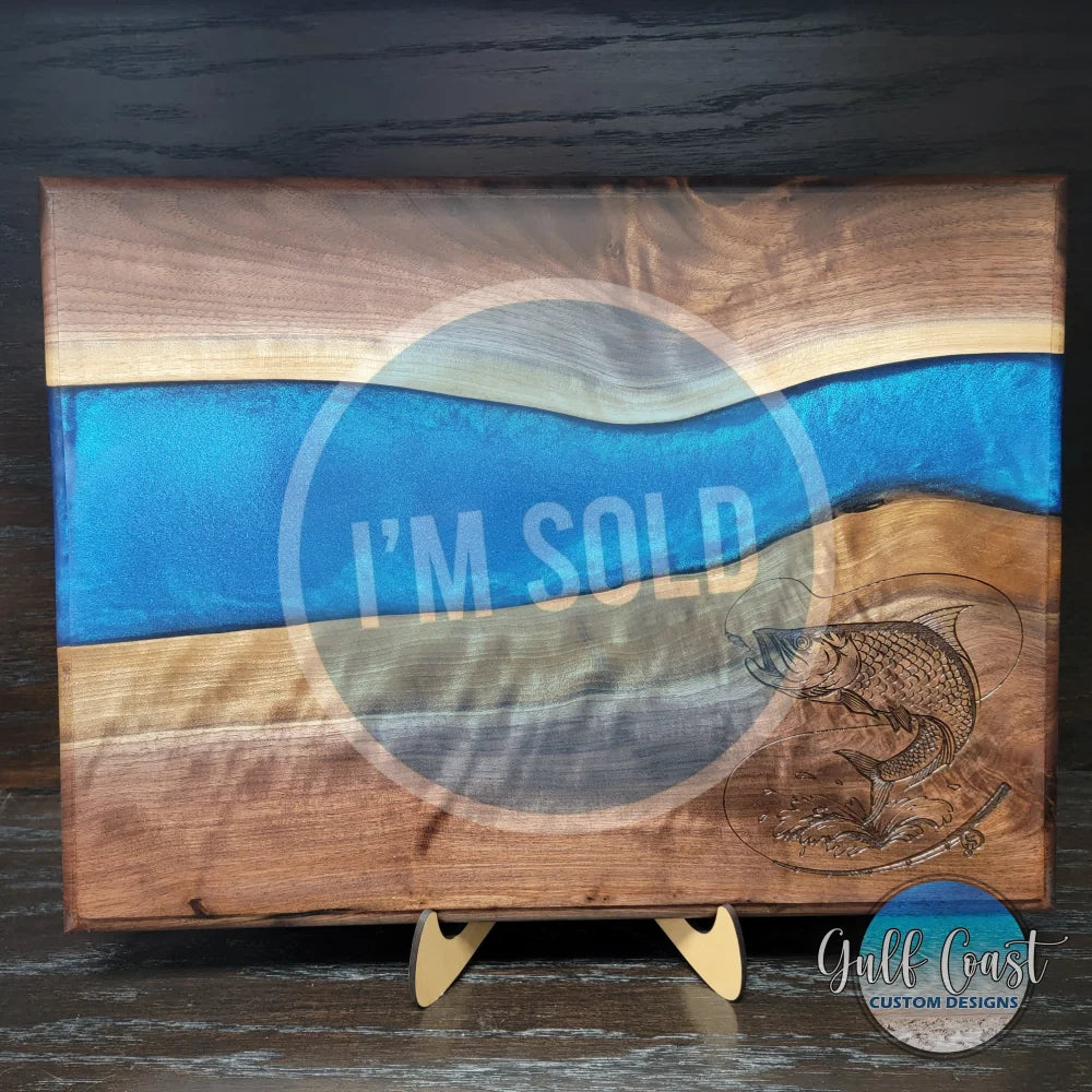 Walnut Charcuterie Board with Blue Epoxy Resin Infusion + Tarpon 12’’ x 16’’