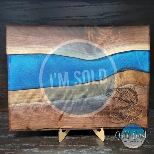 Walnut Charcuterie Board with Blue Epoxy Resin Infusion + Tarpon 12’’ x 16’’
