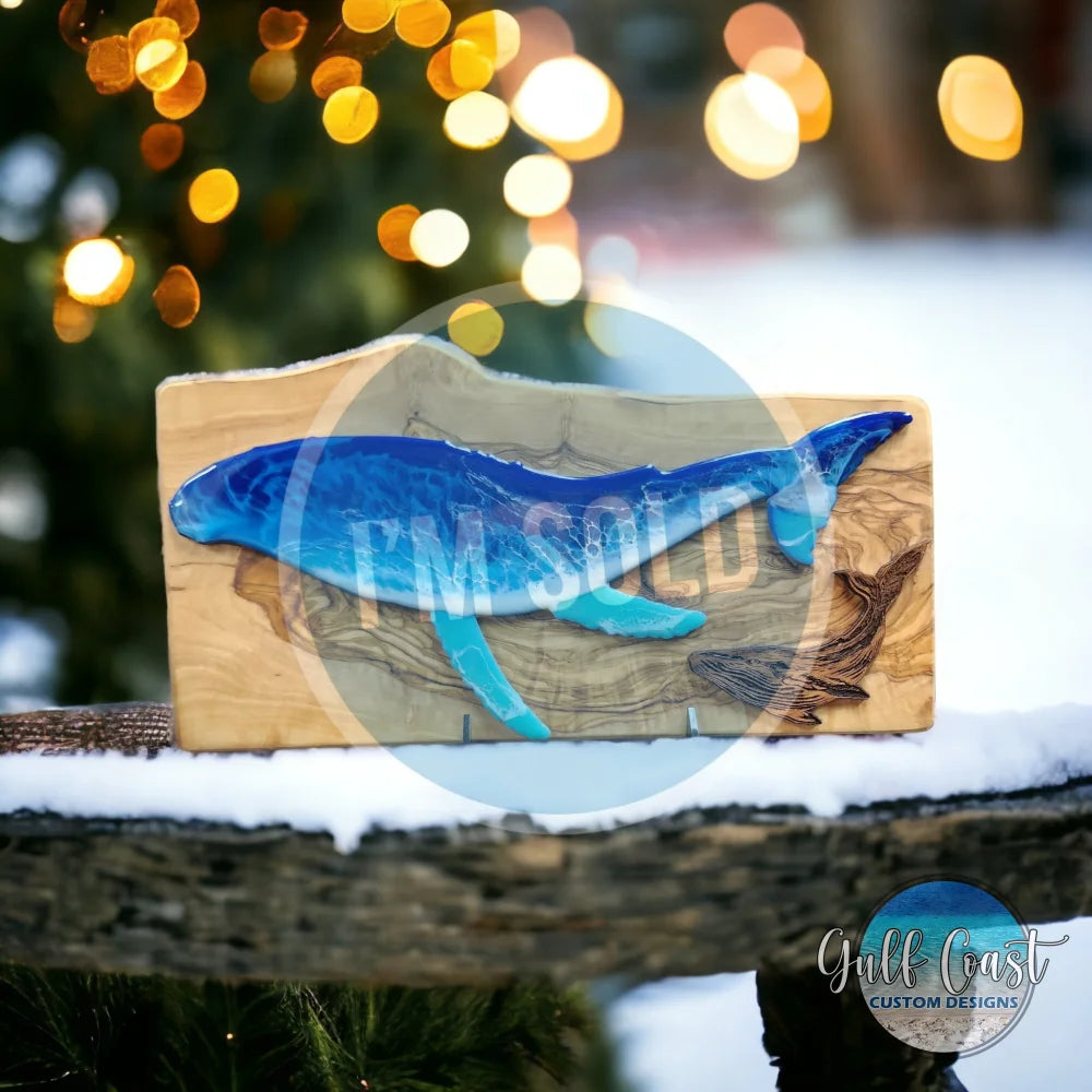 Whales in Harmony: Olivewood and Walnut Resin Wall Art Artwork
