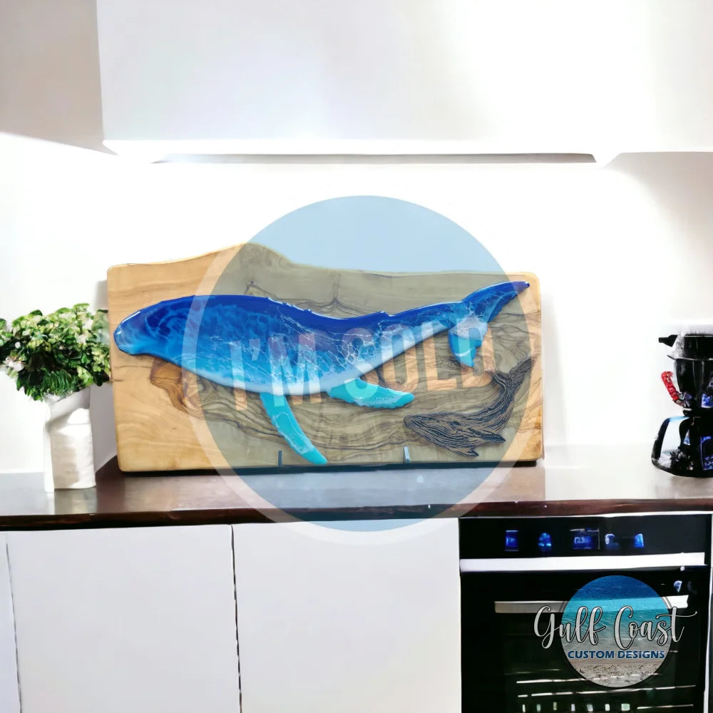 Whales in Harmony: Olivewood and Walnut Resin Wall Art Artwork