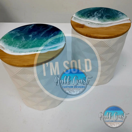 White Storage Canisters w/ Ocean Resin Wave Design (set of 2) Decorative Containers
