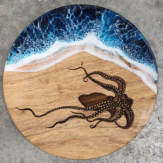 Acacia Wood Cakestand Trivet w/ Engraved Octopus + Epoxy Beach Wave Design Cake Trivet