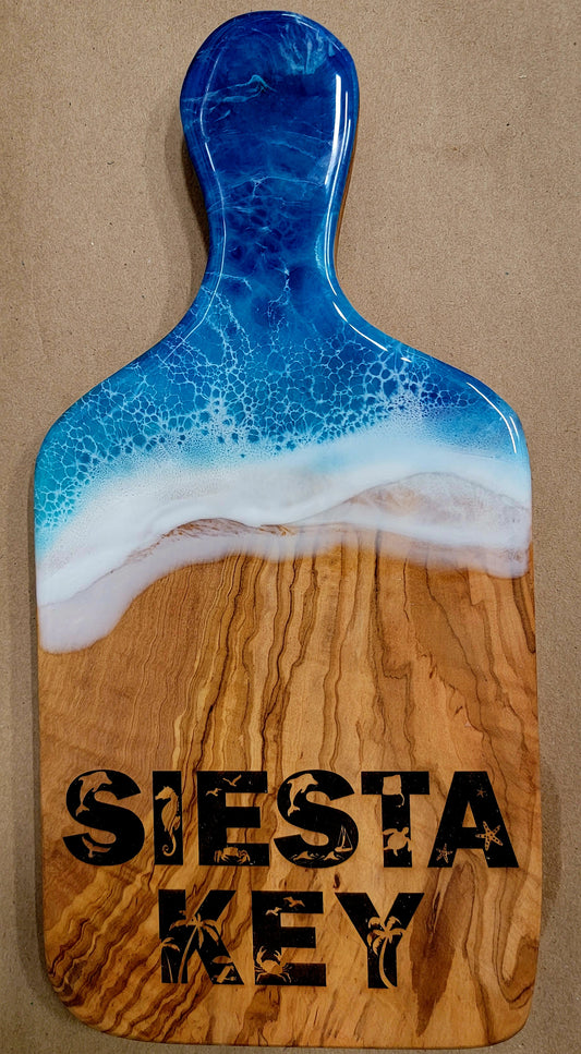 Siesta Key Engraved Cheeseboard 6" x 12" Olivewood + Epoxy Art Wave Design Kitchen Decor