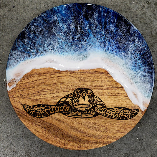 Acacia Wood Cakestand Trivet w/ Engraved Sea Turtle Epoxy Beach Wave Design Cake Trivet