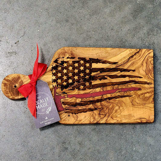 Thin Red Line Fire Department Olivewood + Epoxy Art - Serving Tray Cheeseboard Kitchen Decor Wall Art