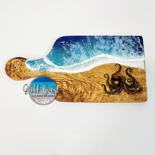 Olivewood Charcuterie Cutting + Epoxy Design Engraved Octopus Board