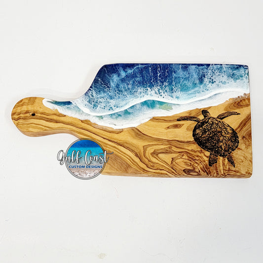 Olivewood with Wave Design & Engraved Turtle Charcuterie Serving Tray
