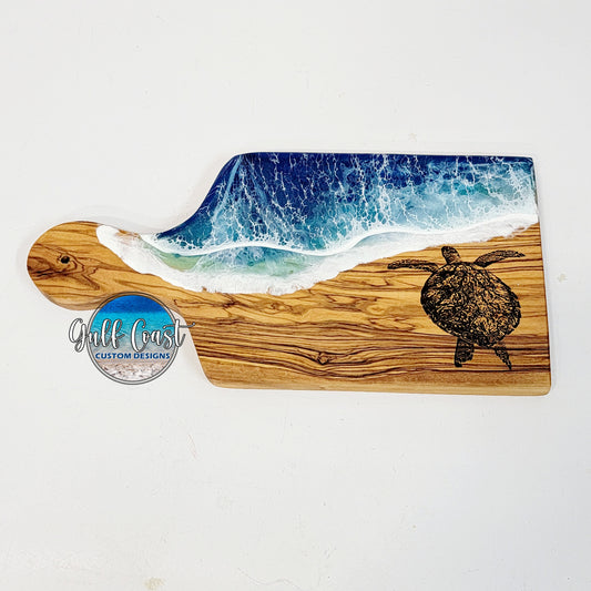 Olivewood with Epoxy Wave & Engraved Turtle Charcuterie Serving Tray