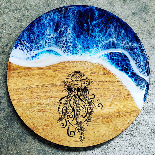 Acacia Wood Cakestand Trivet w/ Engraved Jellyfish + Epoxy Beach Wave Design Cake Trivet
