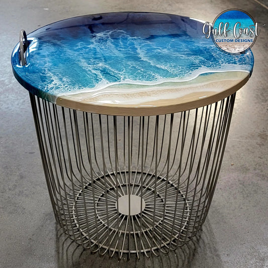 Ocean Resin Wave Wood Top Wire Base Basket Table Beach Decor 19" x 17"