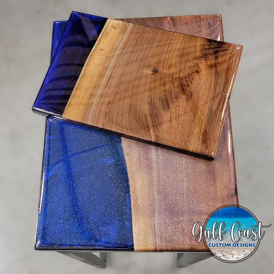 C-Table Set - Blue Epoxy & Walnut C-Table w/ Side Serving Tray